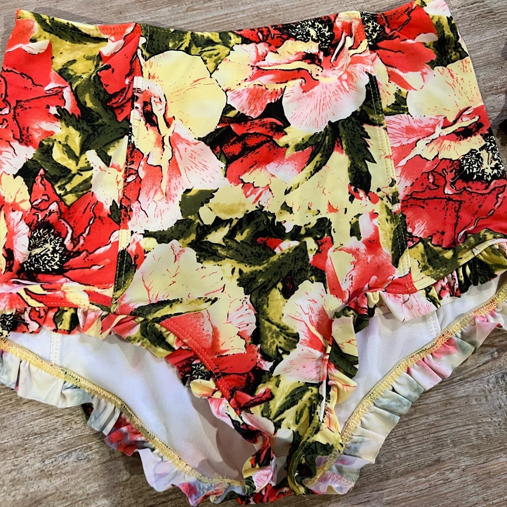 Kortni Jeane Floral High-Waisted Swim Bottoms - Red, Yellow, Green